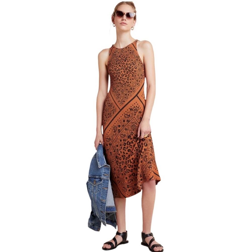 🔥Farm Rio Anthropologie Alyse Knit Leopard Print Bodycon Midi Dress Size M - Picture 2 of 14